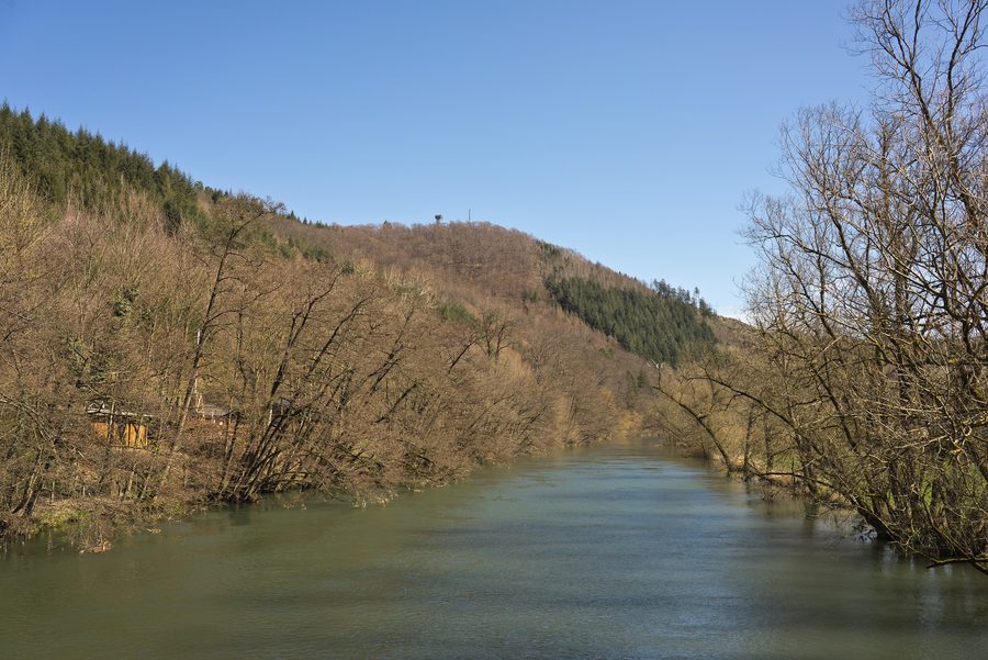 Die Ruhr bei Freienohl mit dem bewaldeten Küppel im Hintergrund